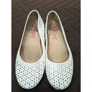 Women's white slip on shoes w/laser cut out detail memory foam by Jellypop, 10M